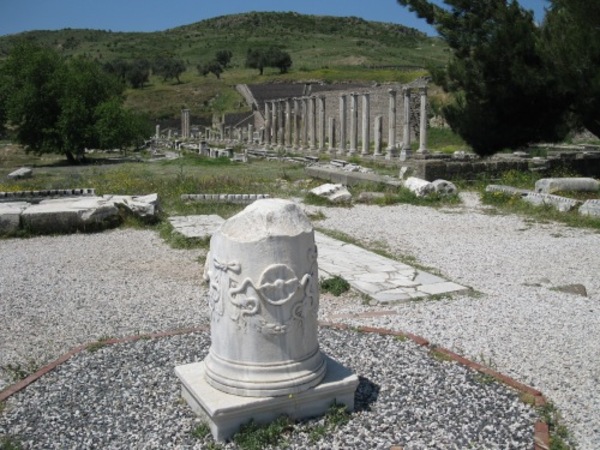 Фрагмент мраморной колонны с изображением змей над чашей при входе в Асклепион